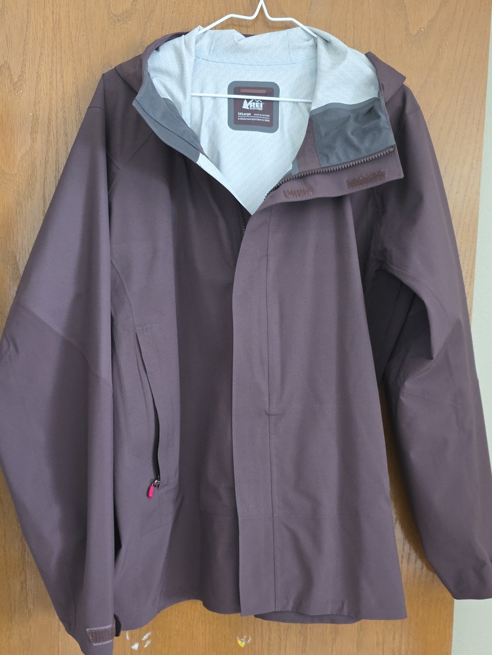 REI Hooded Raincoat in Plum with Light Gray Lining
